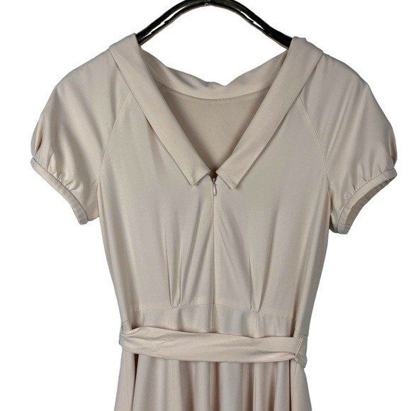 GAL MEETS GLAM ELEANOR PUFF SLEEVE TIE WAIST CREAM SATIN TWILL DRESS - Picture 7 of 16
